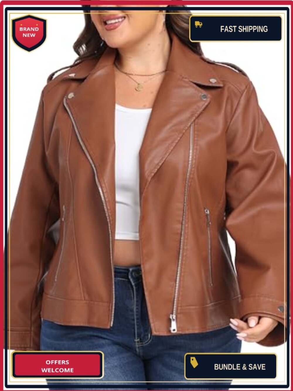 Plus Size Faux Leather Moto Jacket Motorcycle Biker Zip Up